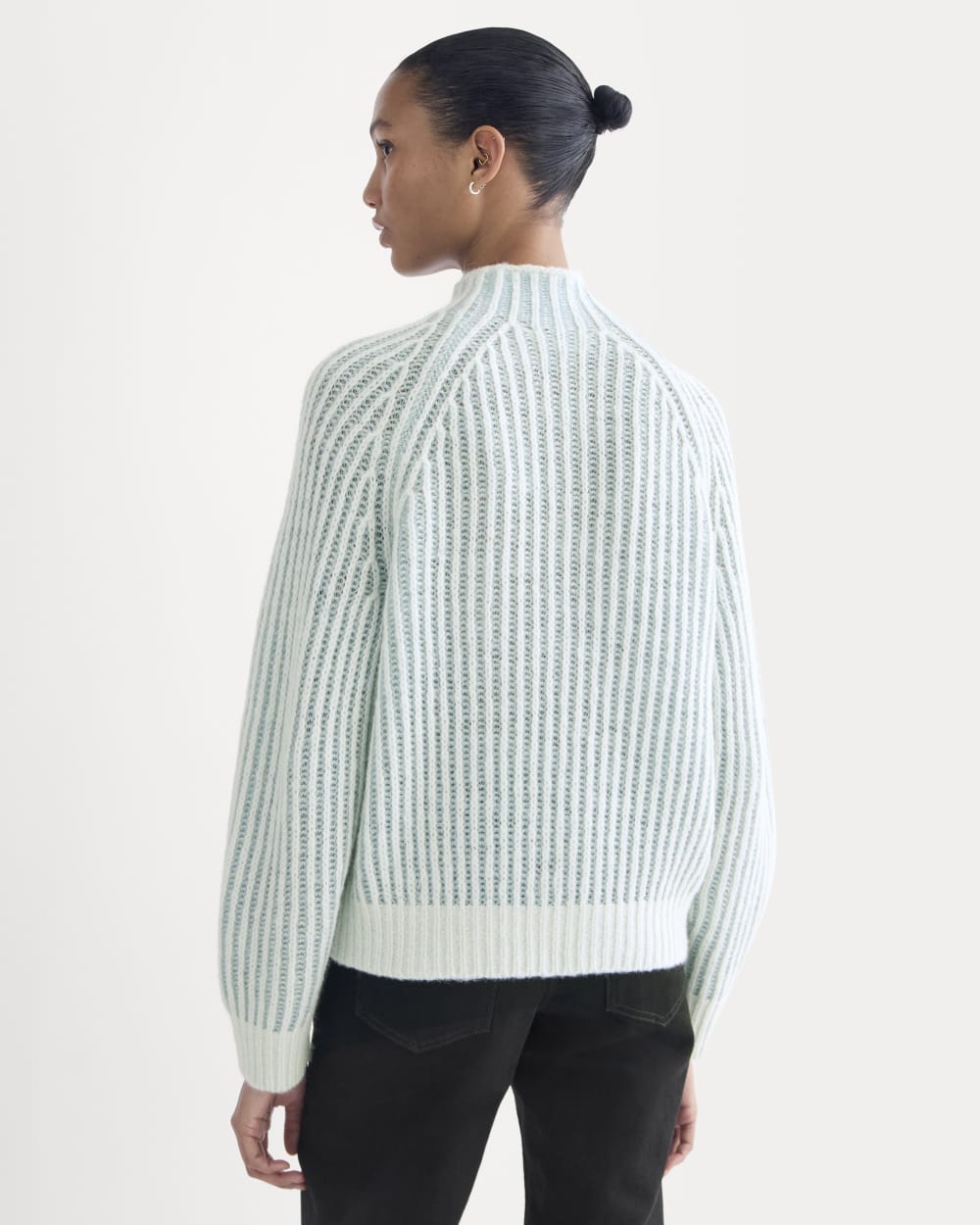 Funnel-Neck Ribbed Henley Sweater in Chalk Blue / Grey Mist Vertical Stripe — detail view