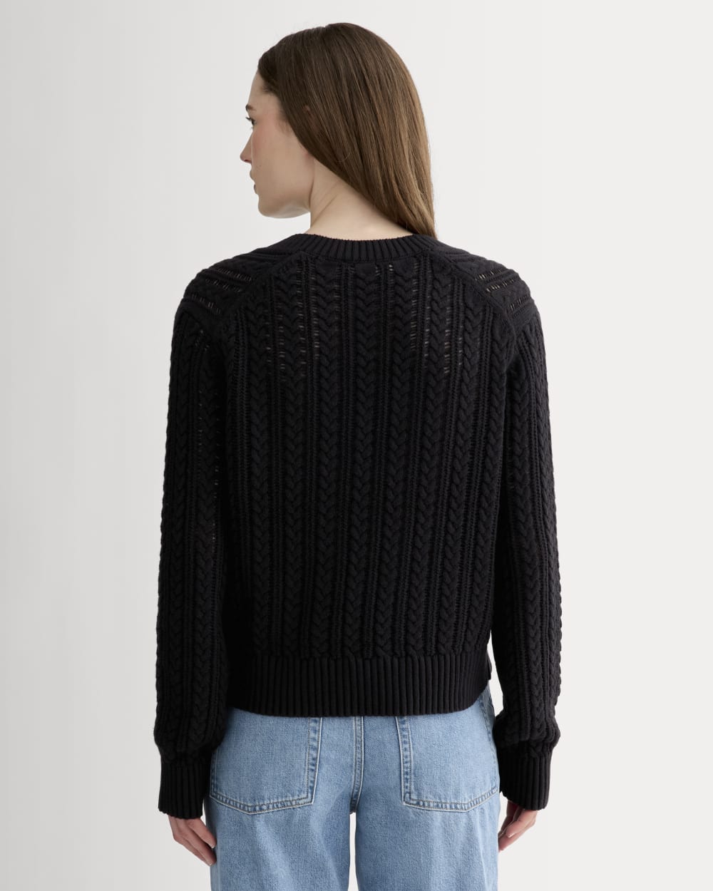 The Mesh Cable V-Neck in Everyday Cotton in Black — detail view