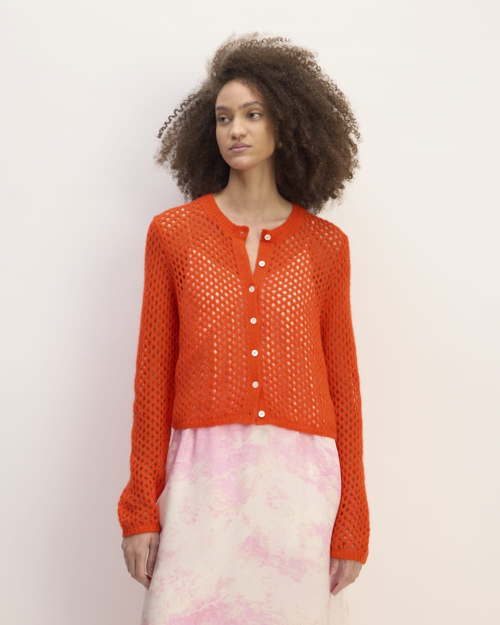 The Everlane x Marques' Almeida Alpaca Mesh Cardigan in Red Orange — front view