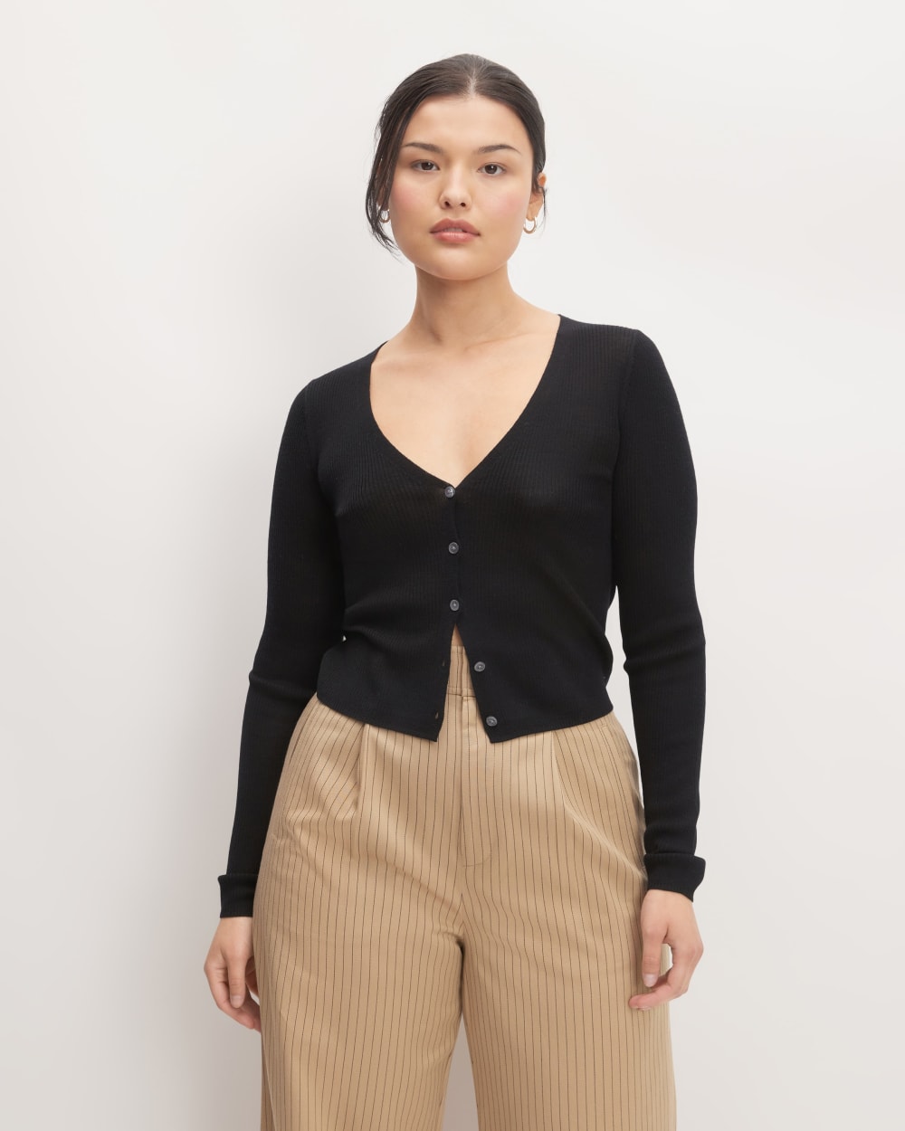 The Cardigan in Ultrasoft Merino in Black — detail view