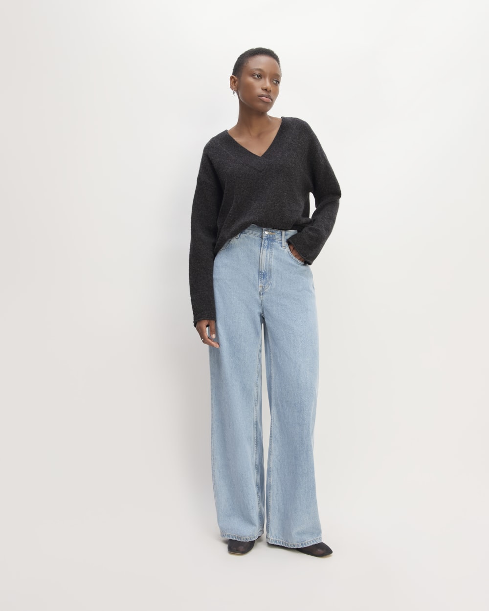 The Cozy-Stretch V-Neck Sweater in Charcoal — detail view