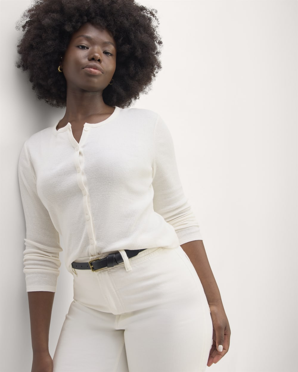 The Vintage Rib Cardigan in Bone — detail view