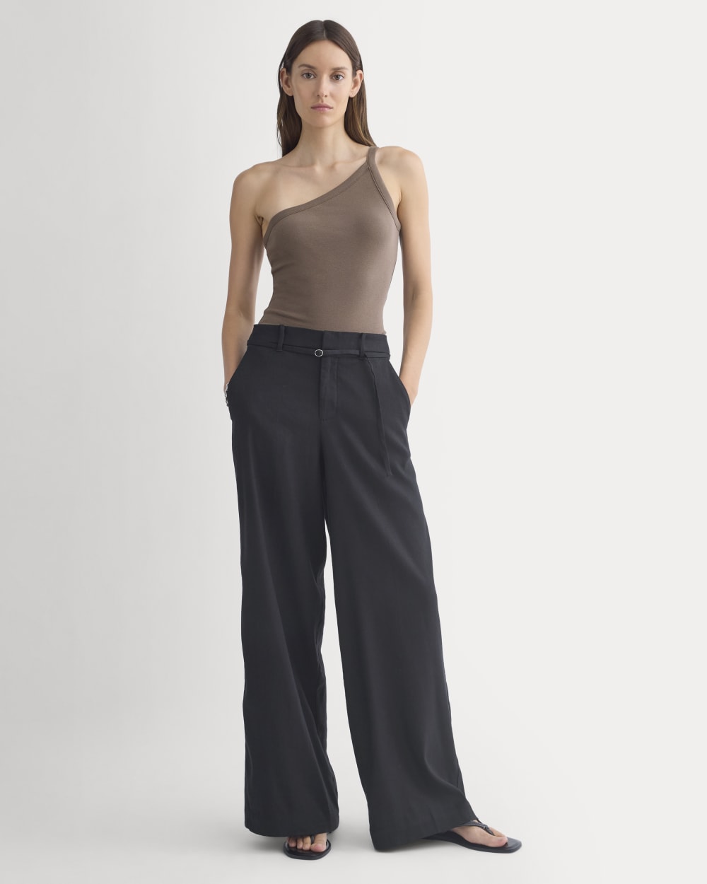 RetroSoft Cotton One-Shoulder Tank in Deep Taupe — detail view