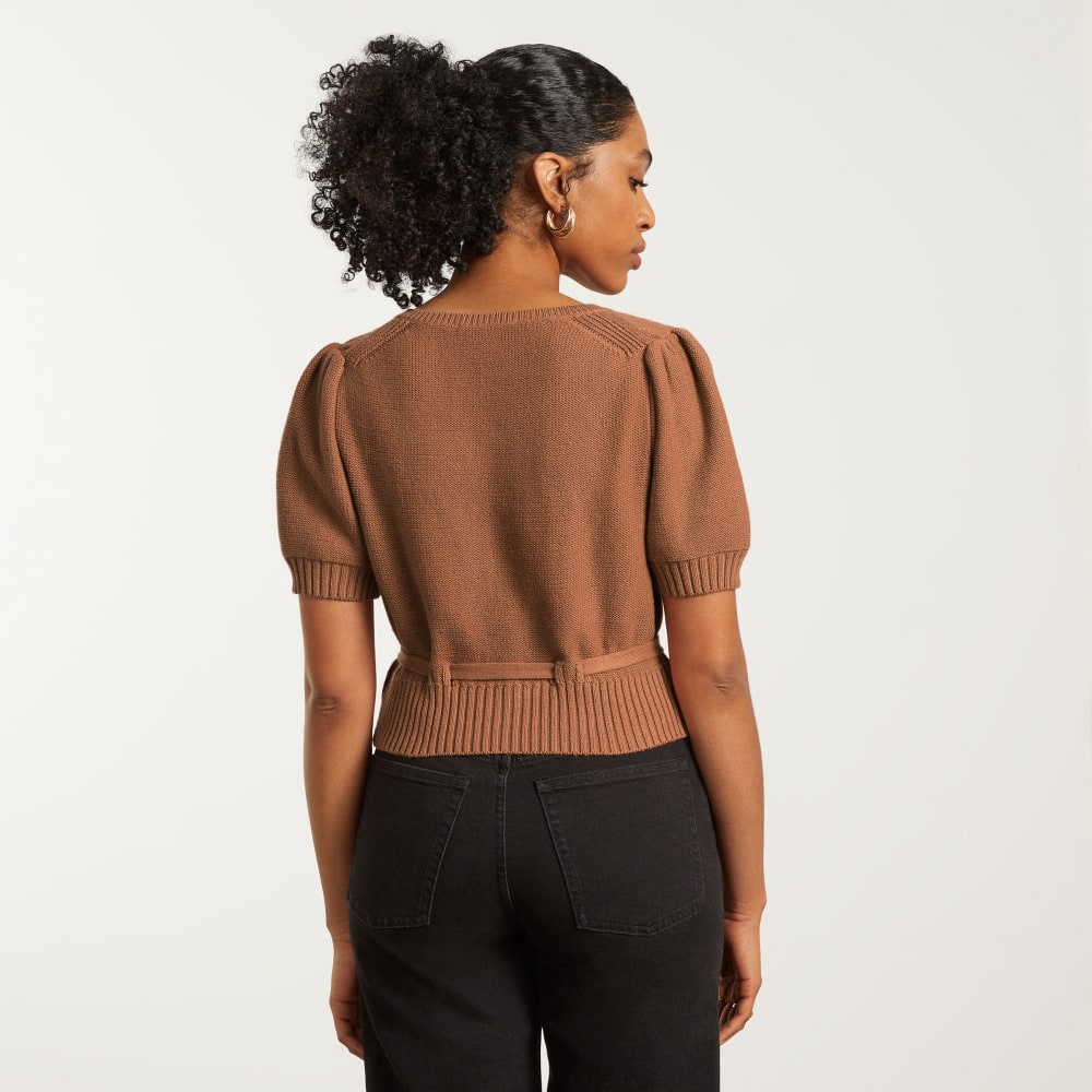 The Puff Sleeve Sweater Top in Tawny Brown — detail view