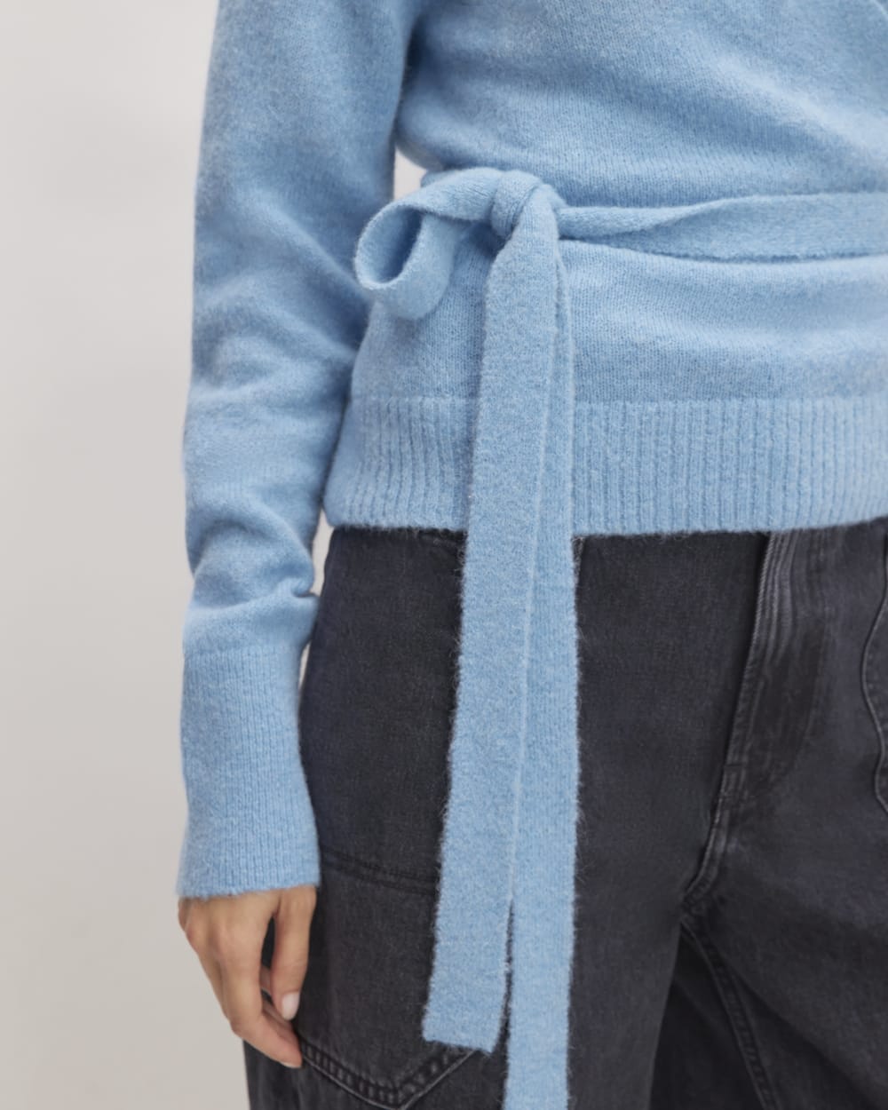 The Alpaca Wrap Sweater in Heritage Blue — detail view