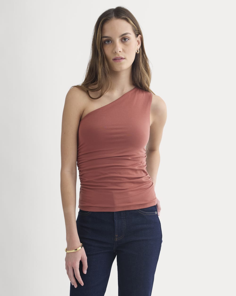 One-Shoulder Top in Henna Red — detail view