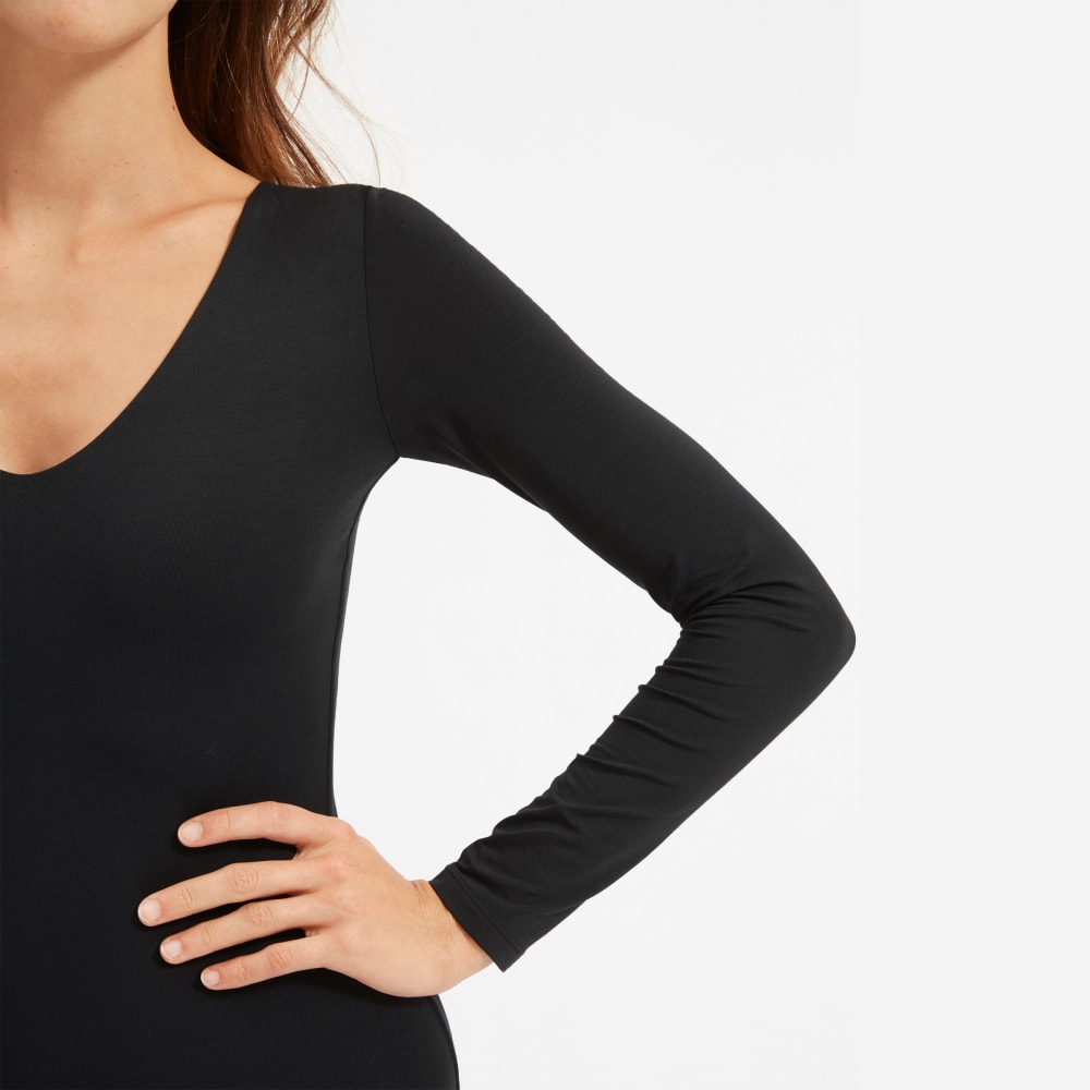 The Long-Sleeve V-Neck Bodysuit in Black — detail view