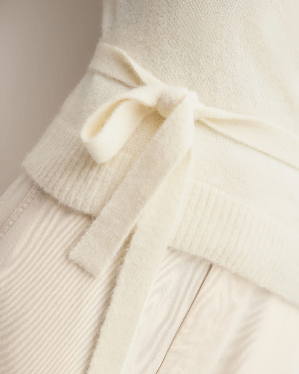 The Alpaca Wrap Sweater in Snow — detail view