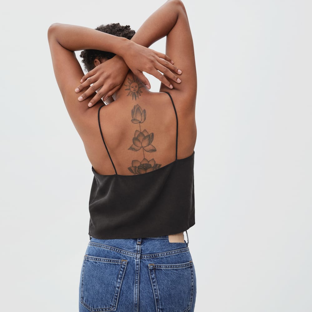 The Washable Silk Cropped Cami in Black — detail view