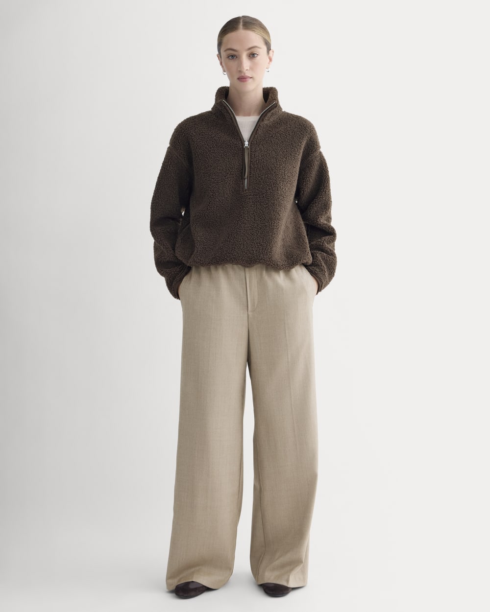 Reversible Teddy Half-Zip Pullover in Coffee Bean — detail view