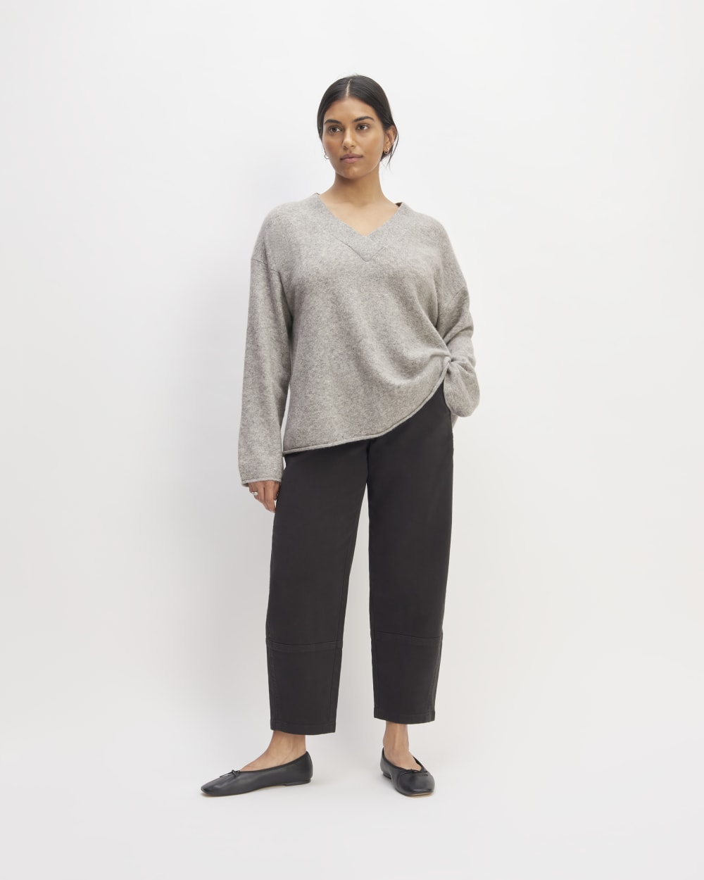 The Cozy-Stretch V-Neck Sweater in Heathered Grey — detail view