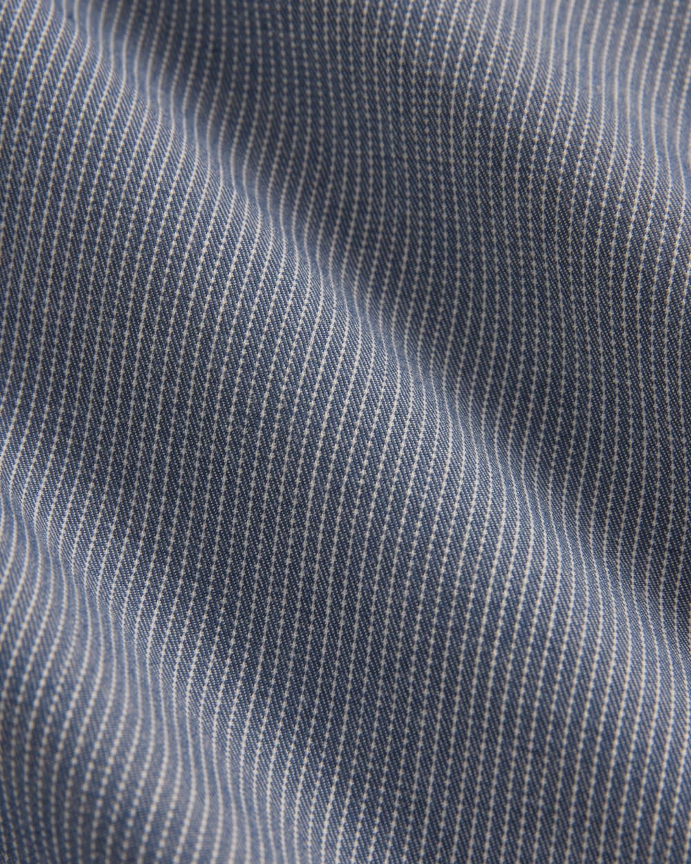 The Easy Barrel Pant in Dark Denim Pinstripe — detail view