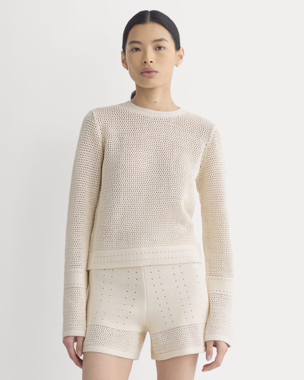 Open Knit Long-Sleeve Crew in Everyday Cotton in Canvas — front view