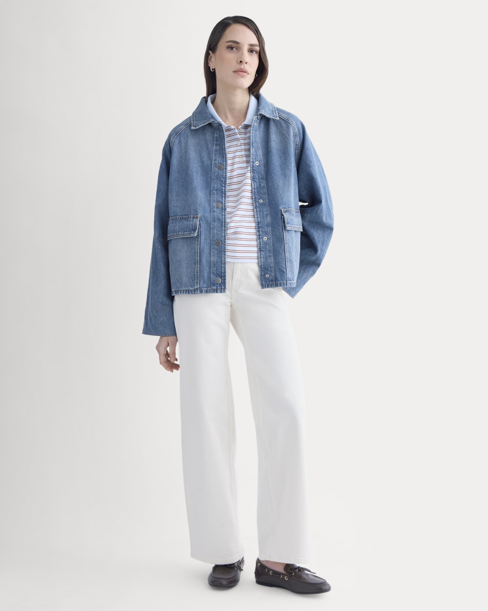 Cropped Denim Jacket in Medium Indigo — front view