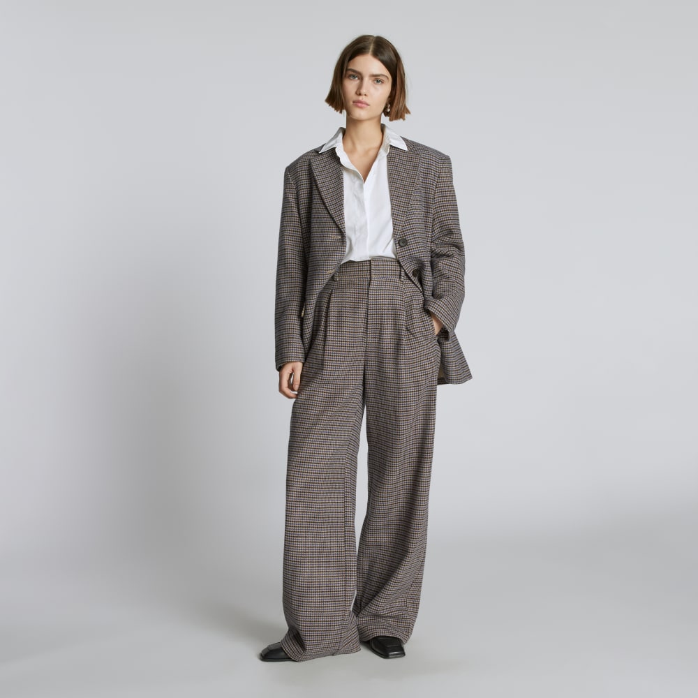 The ReWool® Way-High Drape Pant in Blue / Brown Houndstooth — front view