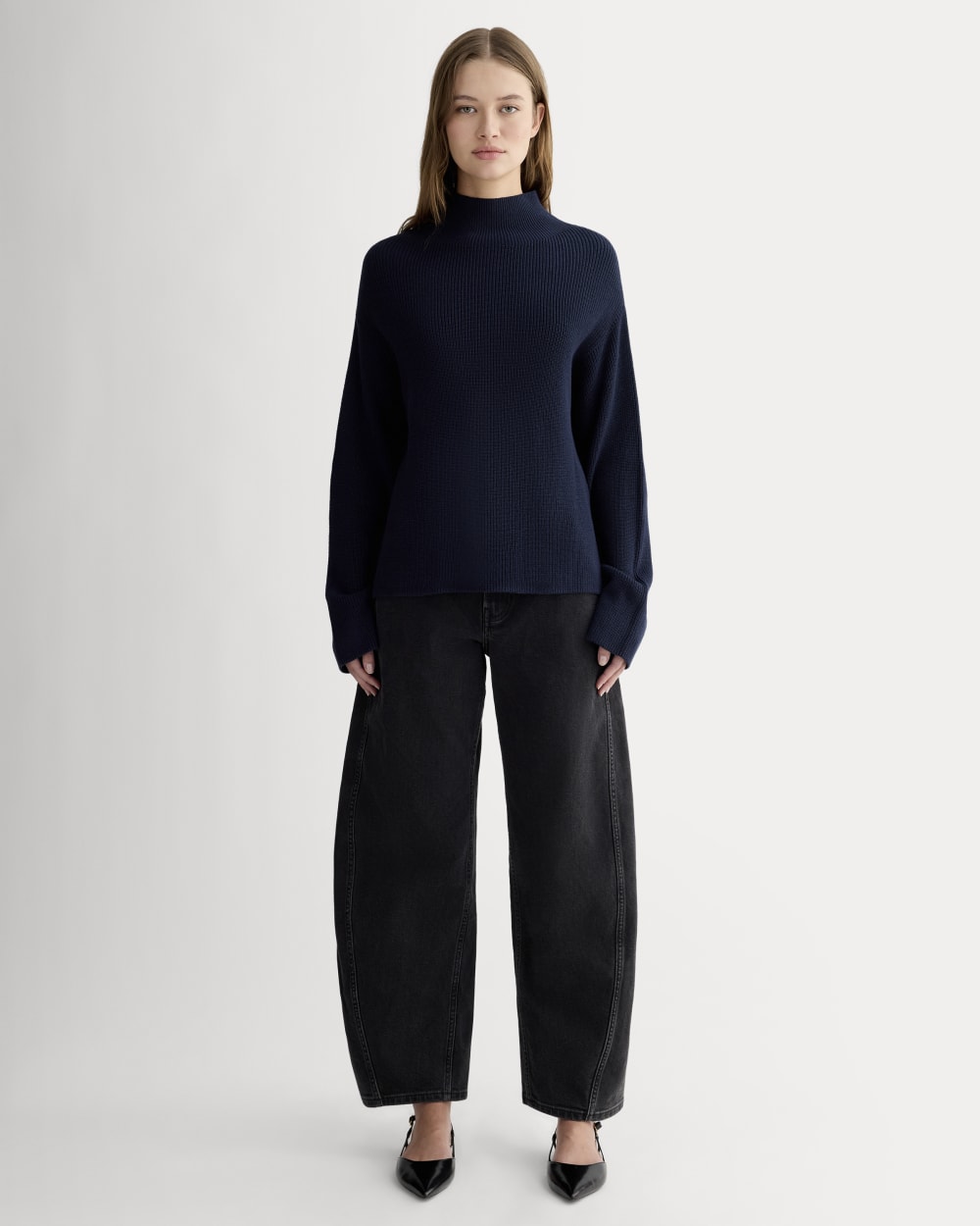 The Slouchy Funnel Neck in Everyday Cotton in Navy — detail view