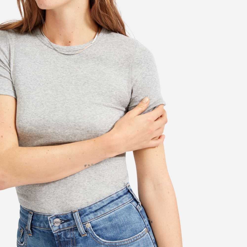 The Pima Micro-Rib Crew Tee in Heathered Grey — detail view