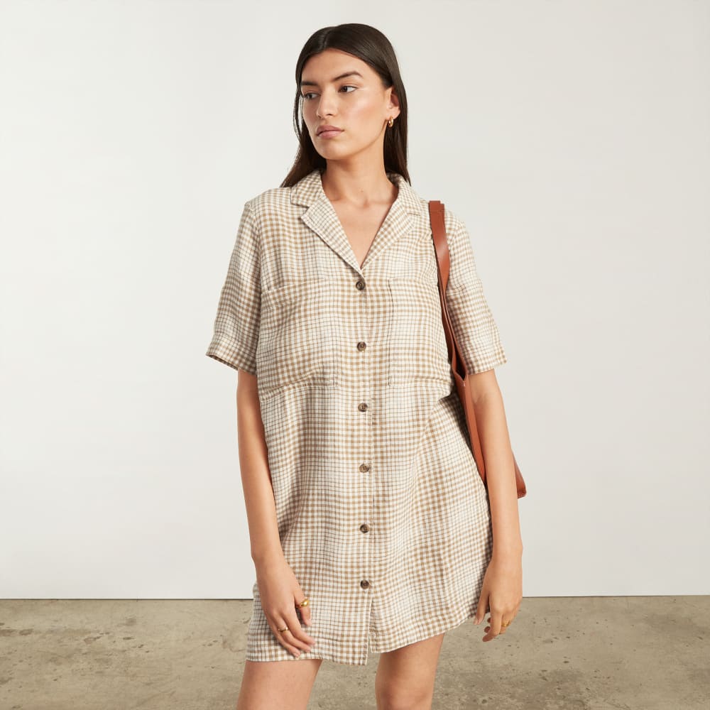 The Linen Workwear Dress in Iced Coffee Grid — front view