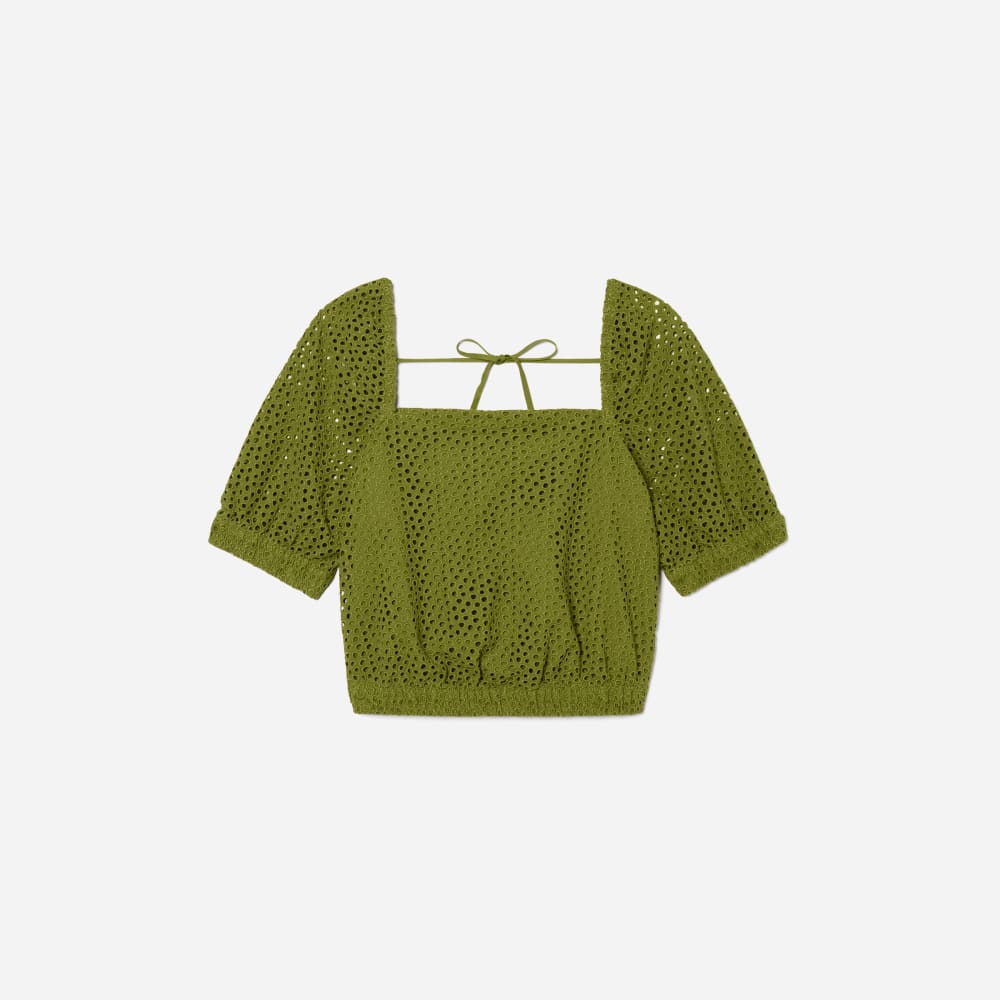 The Eyelet Puff Sleeve Top in Moss — front view