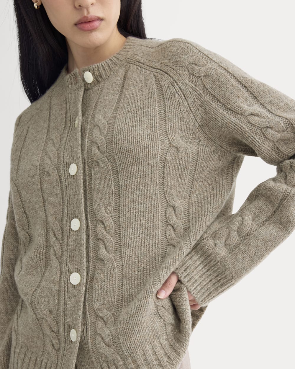 Cable Cardigan in Extrafine Luxe Merino in Heather Soft Taupe — detail view