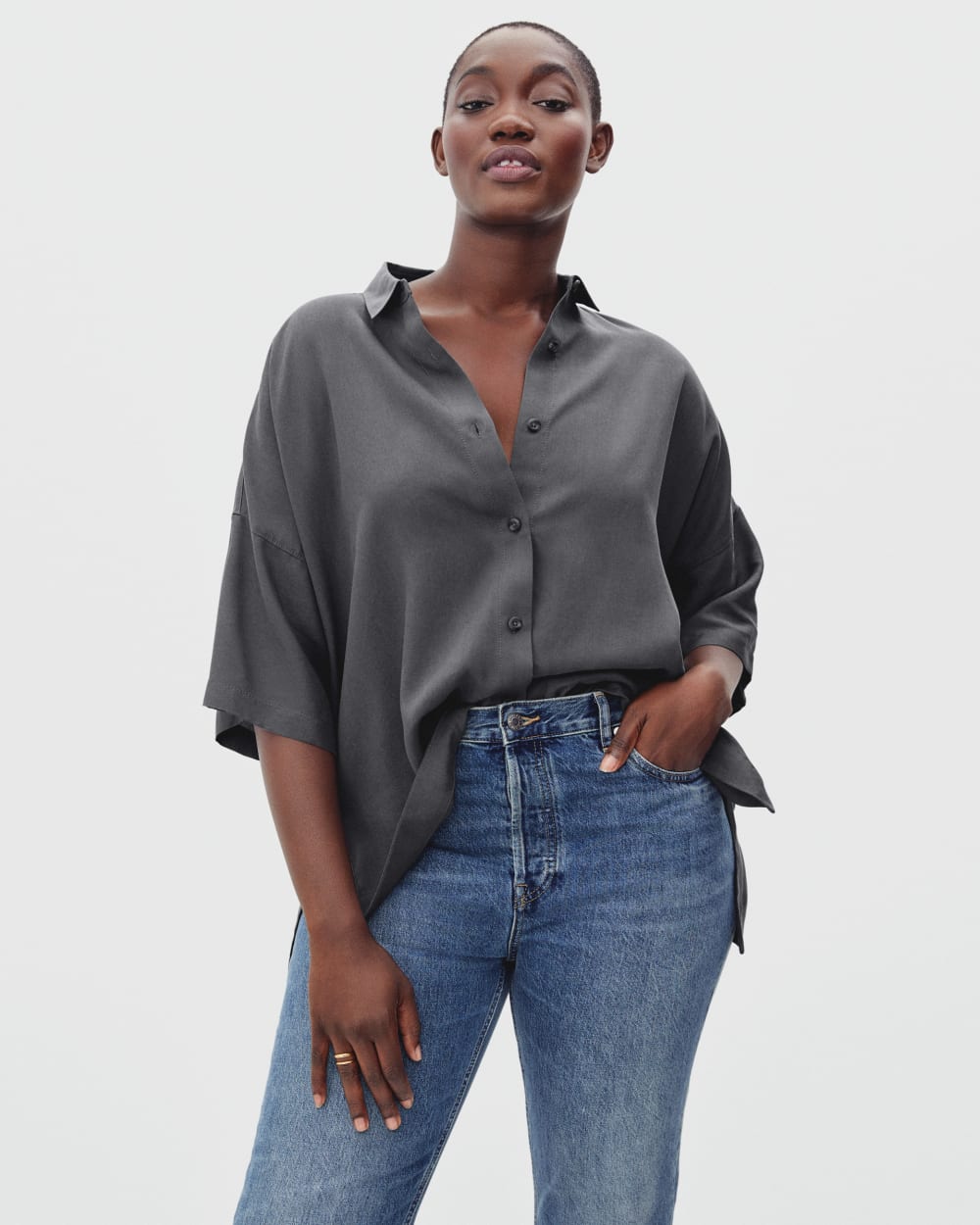 The Drapey Square Shirt in Slate Grey — detail view