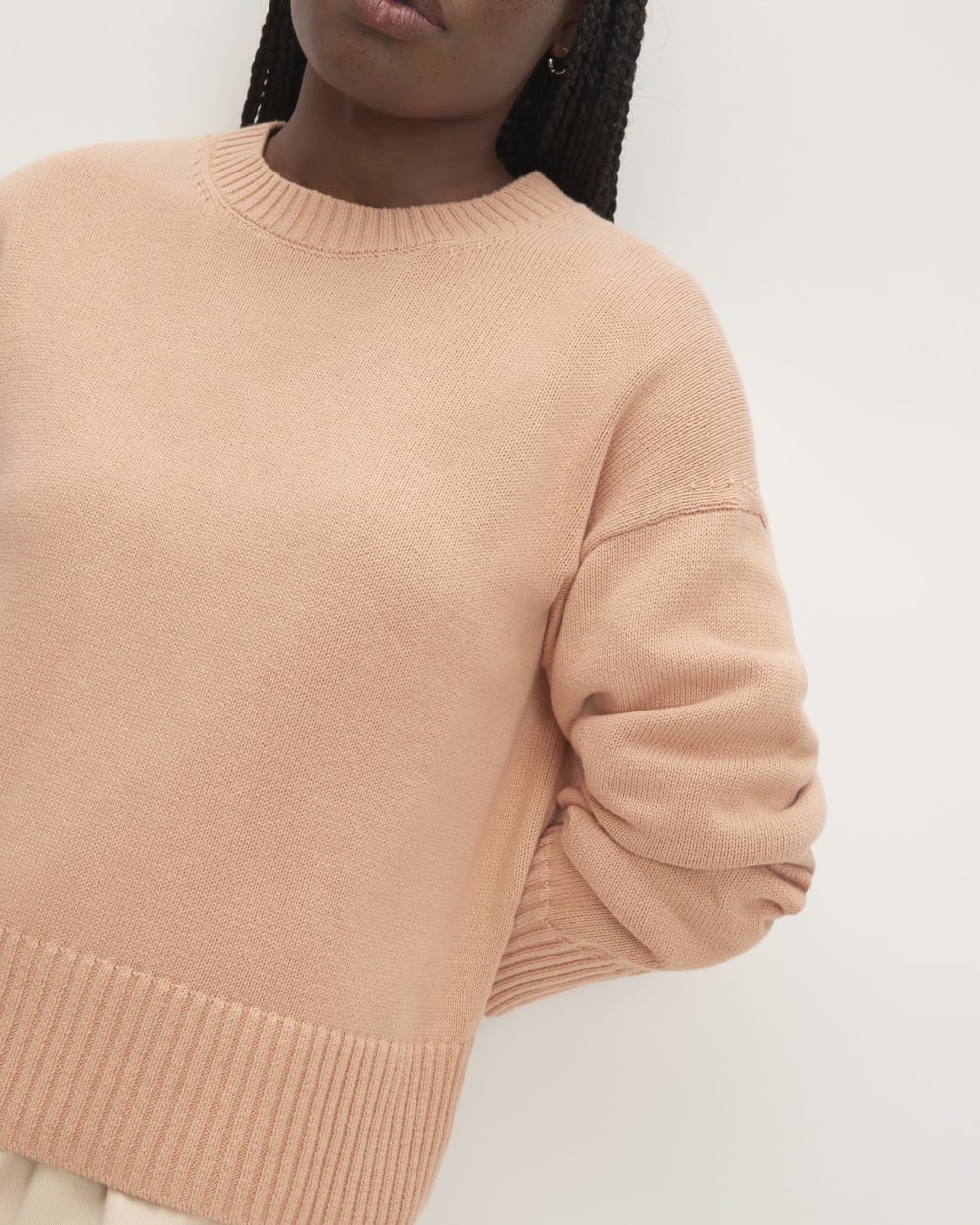 The Boxy Sweater in Everyday Cotton in Blush Pink — detail view