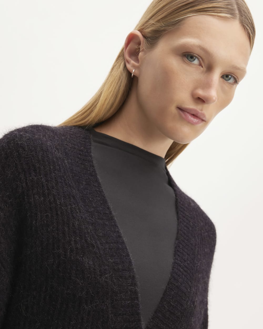 The Alpaca Oversized Cardigan in Heathered Black — detail view