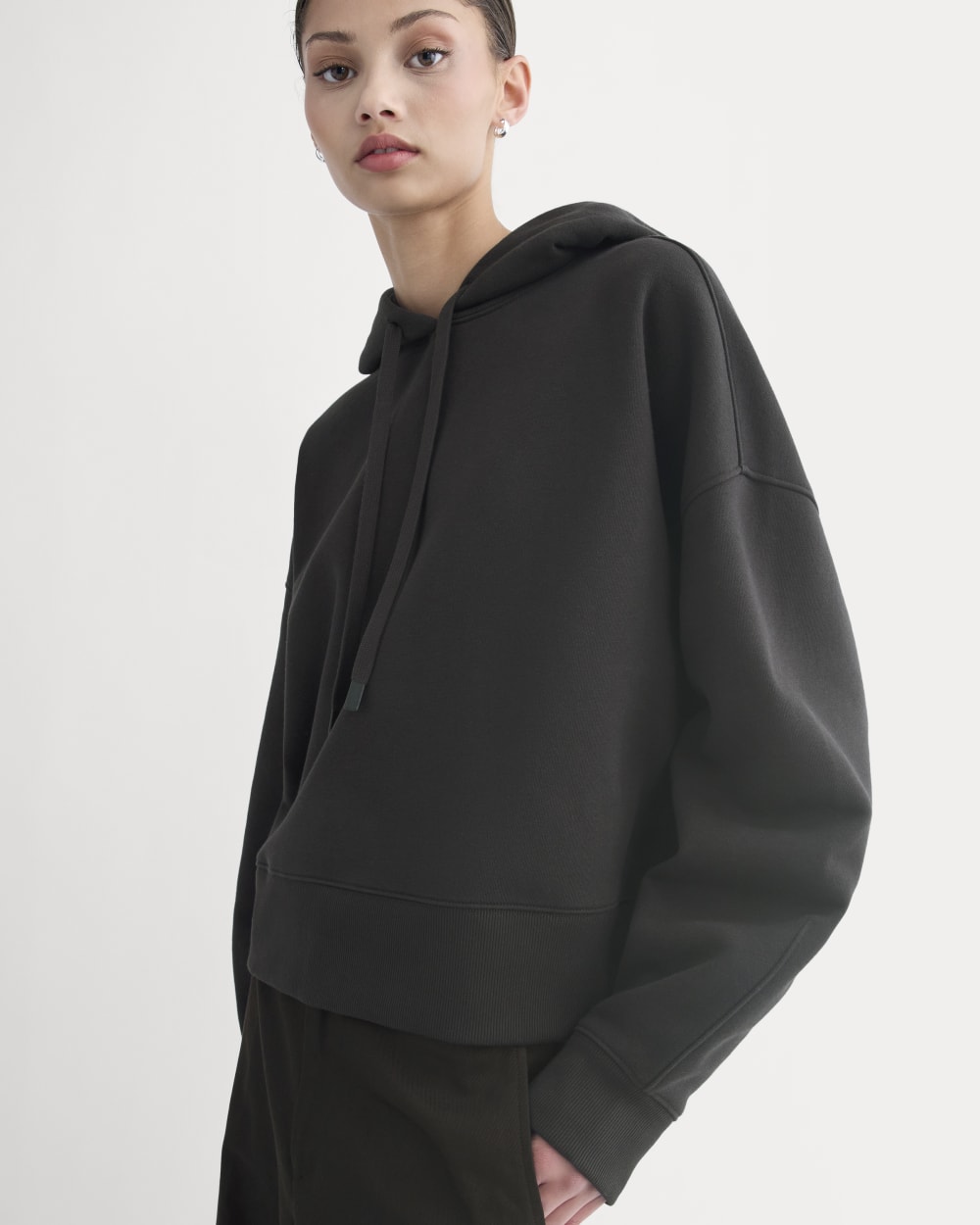 Cropped Luxe Fleece Hoodie in Black — detail view