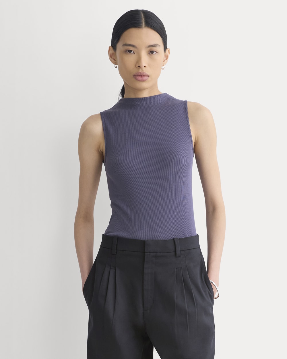 The Luxe Rib Funnel-Neck Tank in Graystone — front view
