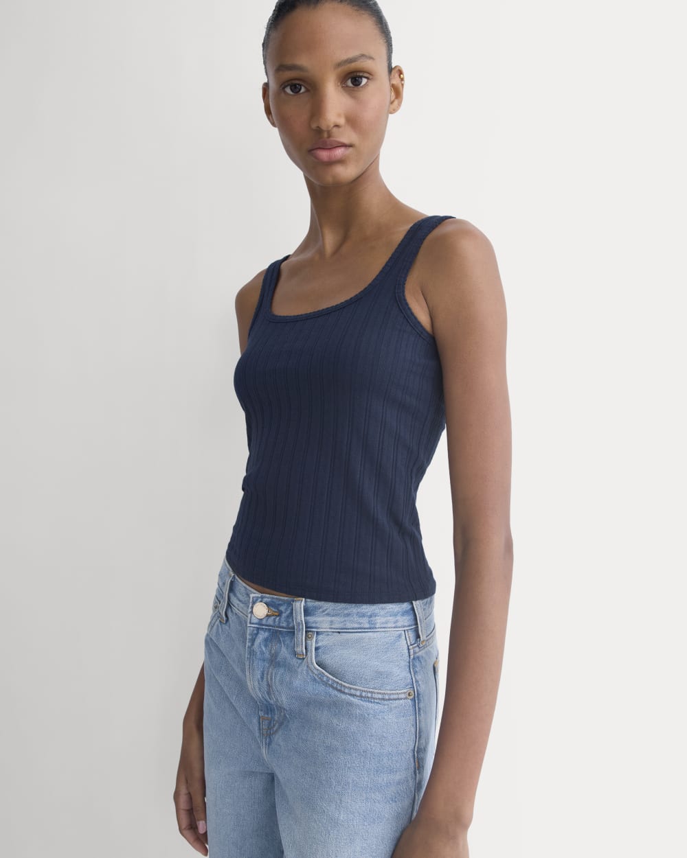 Scoop-Neck Tank in Pointelle in Deep Navy — front view