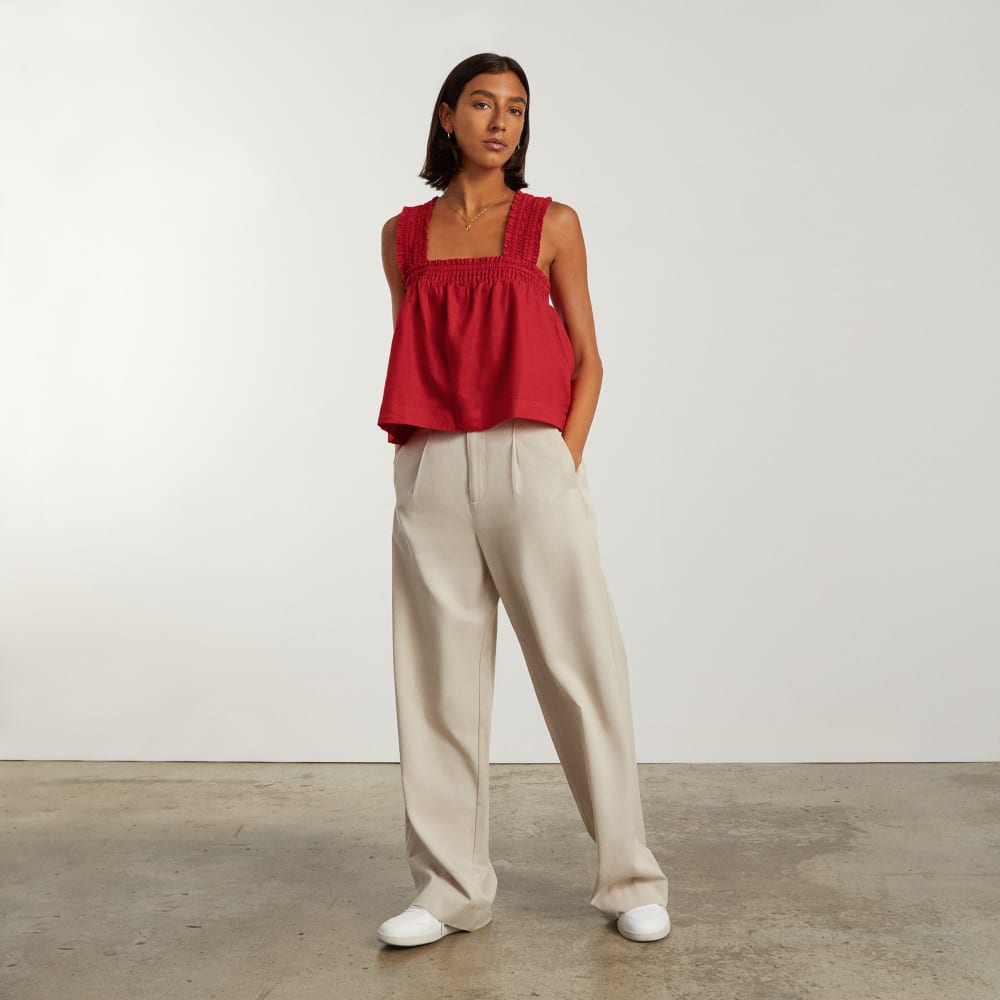 The Smocked Linen Cami in Goji Berry — detail view