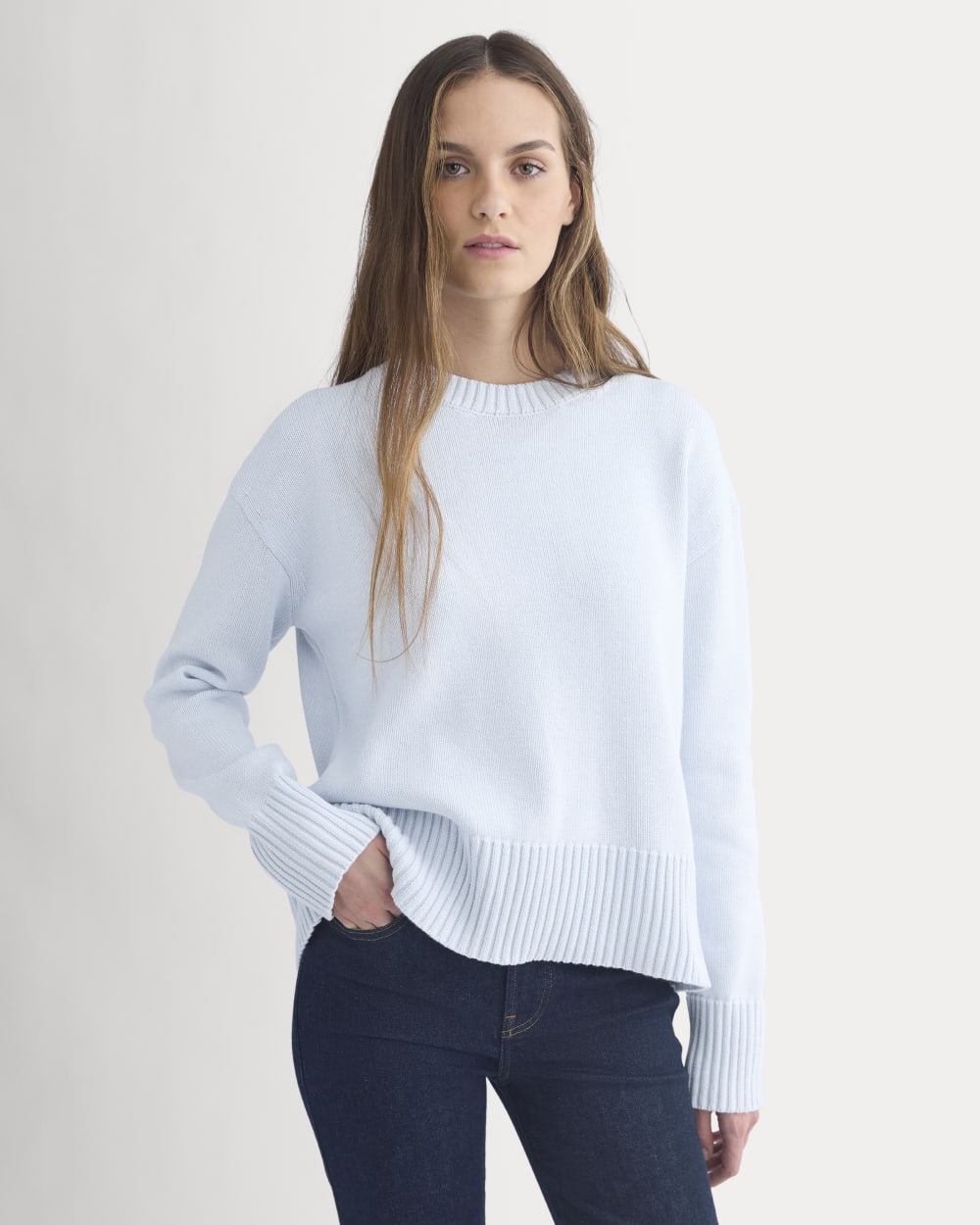 The Boxy Sweater in Everyday Cotton in Skywriting — detail view