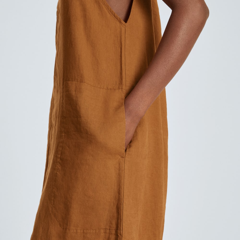 The Linen Apron Dress in Tawny Brown — detail view