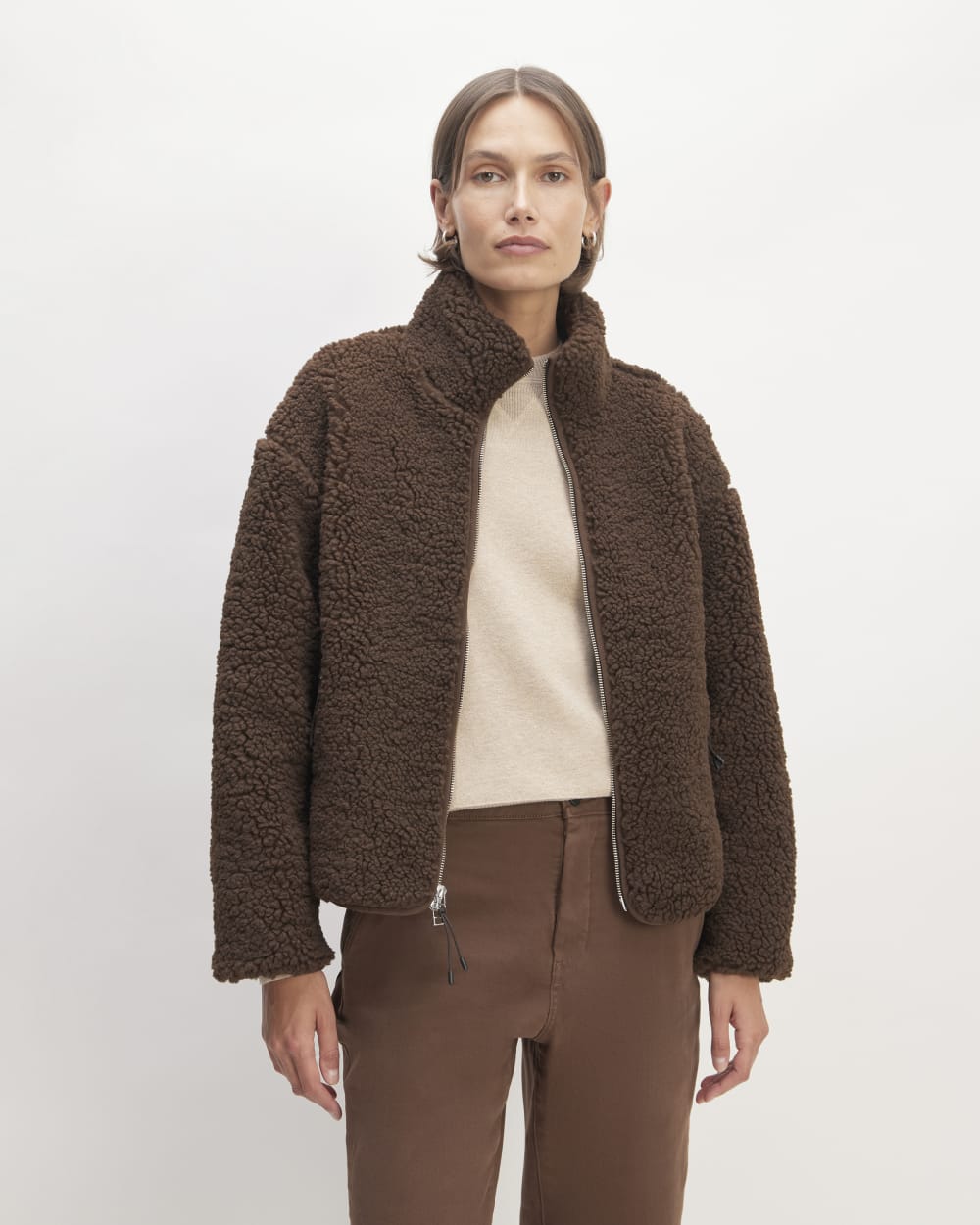 The ReNew Fleece Full Zip in Earth Brown — front view