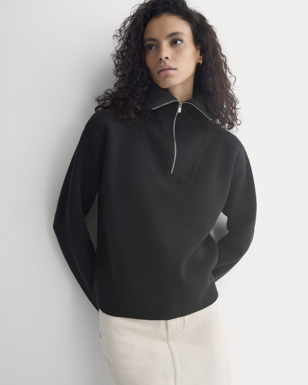 Double Knit Half-Zip in Cotton Merino in Black — front view
