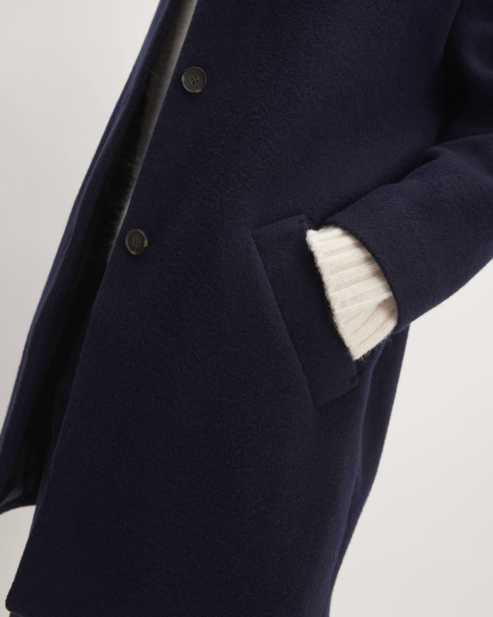 The Italian ReWool® Cocoon Coat in Navy — detail view
