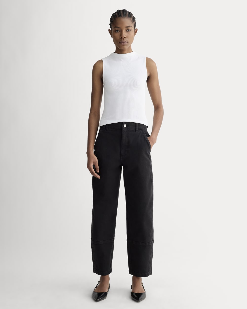 The Luxe Rib Funnel-Neck Tank in White — detail view