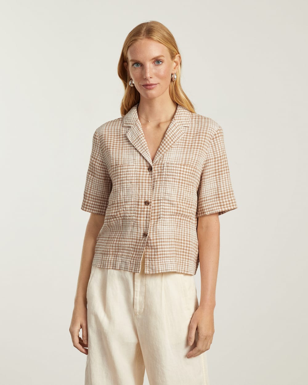 The Linen Workwear Shirt in Iced Coffee Grid — detail view