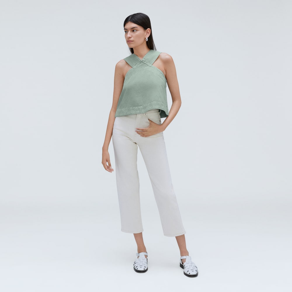 The Cross-Front Apron Top in Sea Glass — detail view