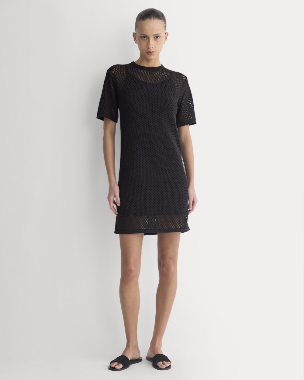 Mesh-Knit Short-Sleeve Dress in Black — front view