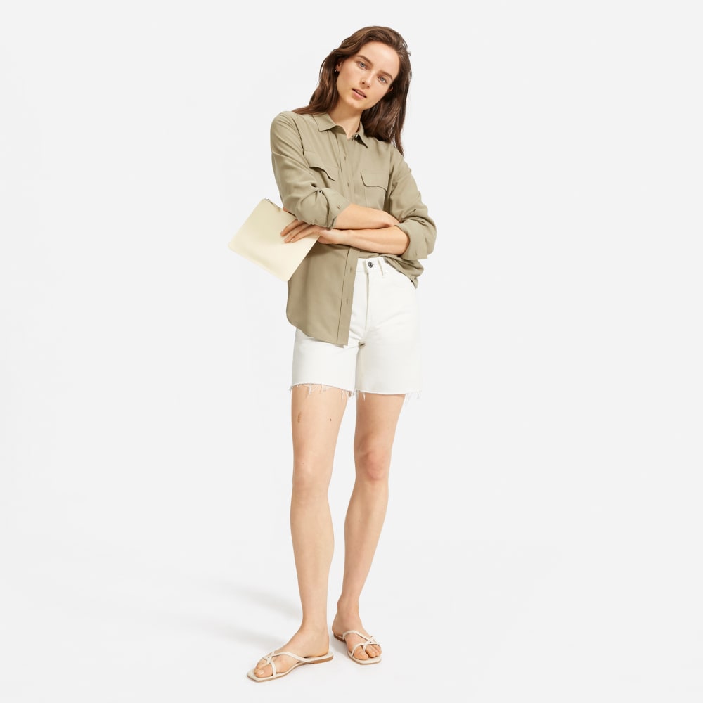 The Washable Silk Relaxed Shirt in Covert Green — detail view