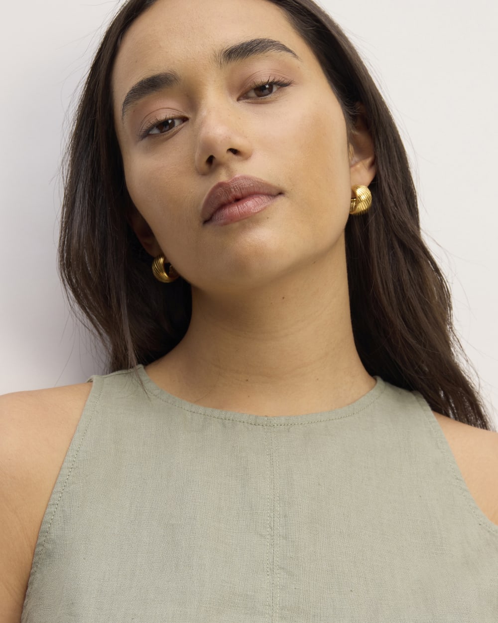 The Linen High-Neck Tank in Sage Green — detail view