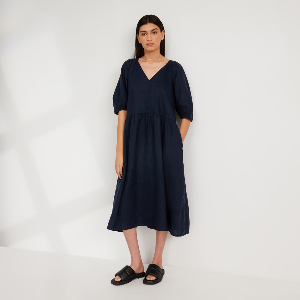 The Linen Oversized Puff-Sleeve Dress in Navy — front view