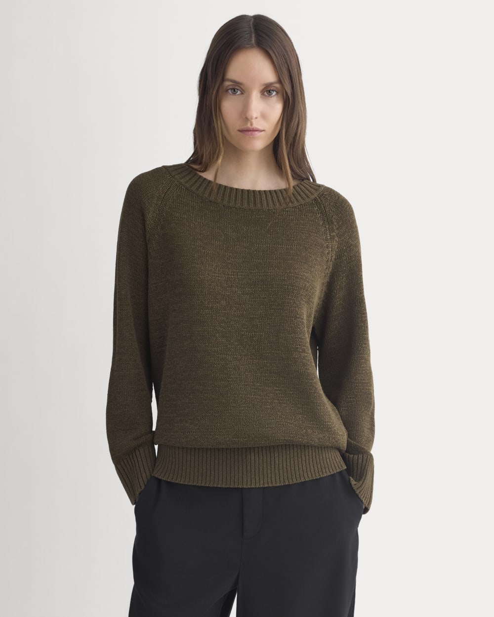 Wide-Neck Crew Sweater in Tape Yarn in Beech — front view