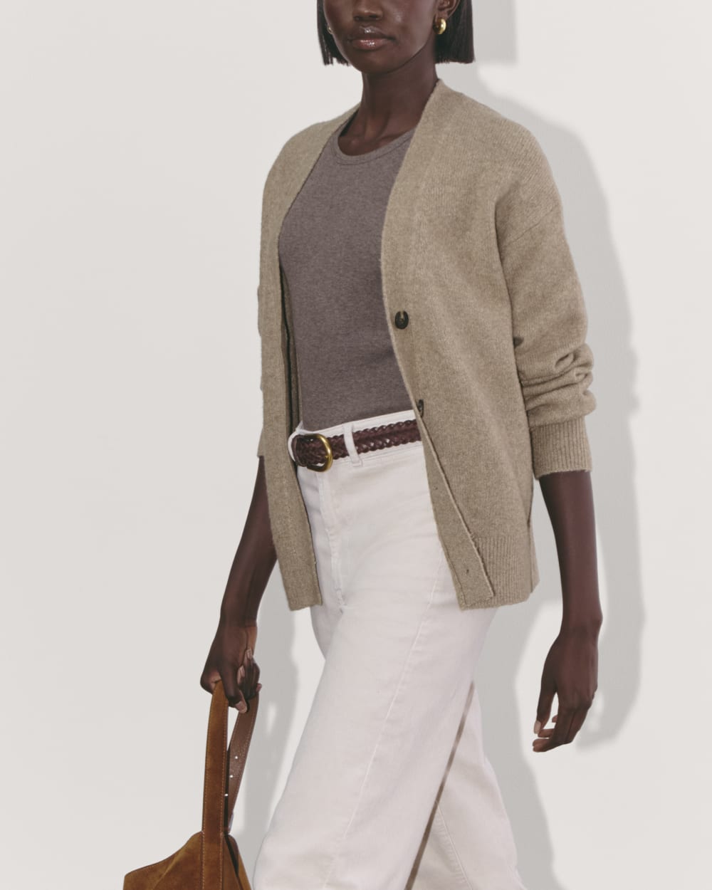 The Cocoon Cardigan in Plush Cotton in Heather Taupe — detail view