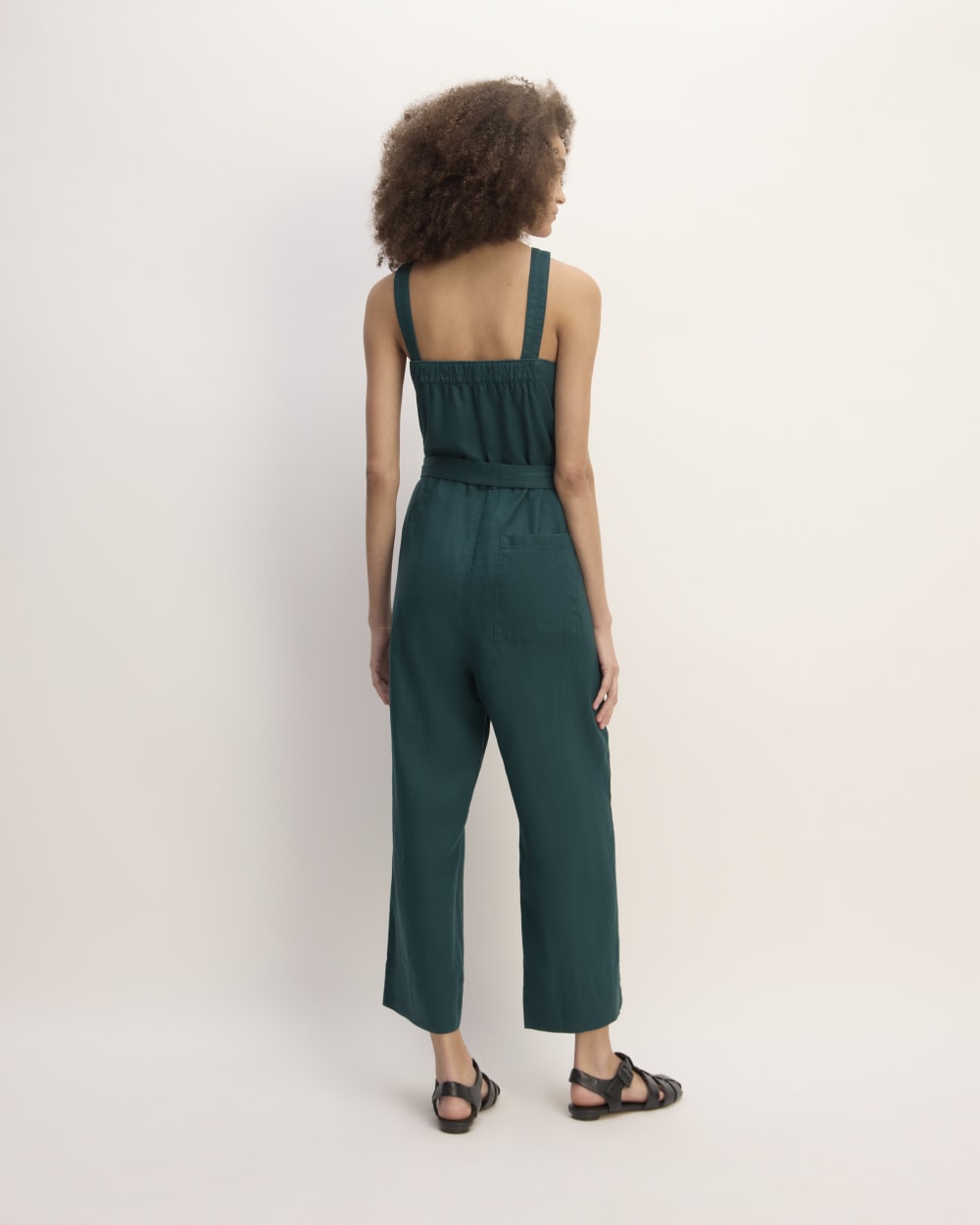 The Linen Side-Button Jumpsuit in Dark Sea — detail view