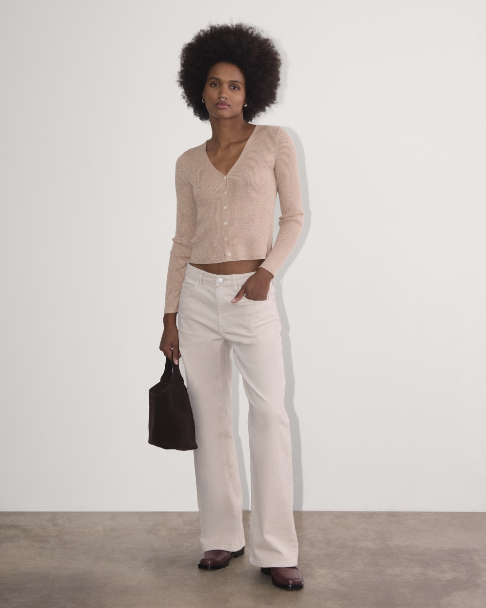 The Cardigan in Lurex Merino in Rose Gold — detail view