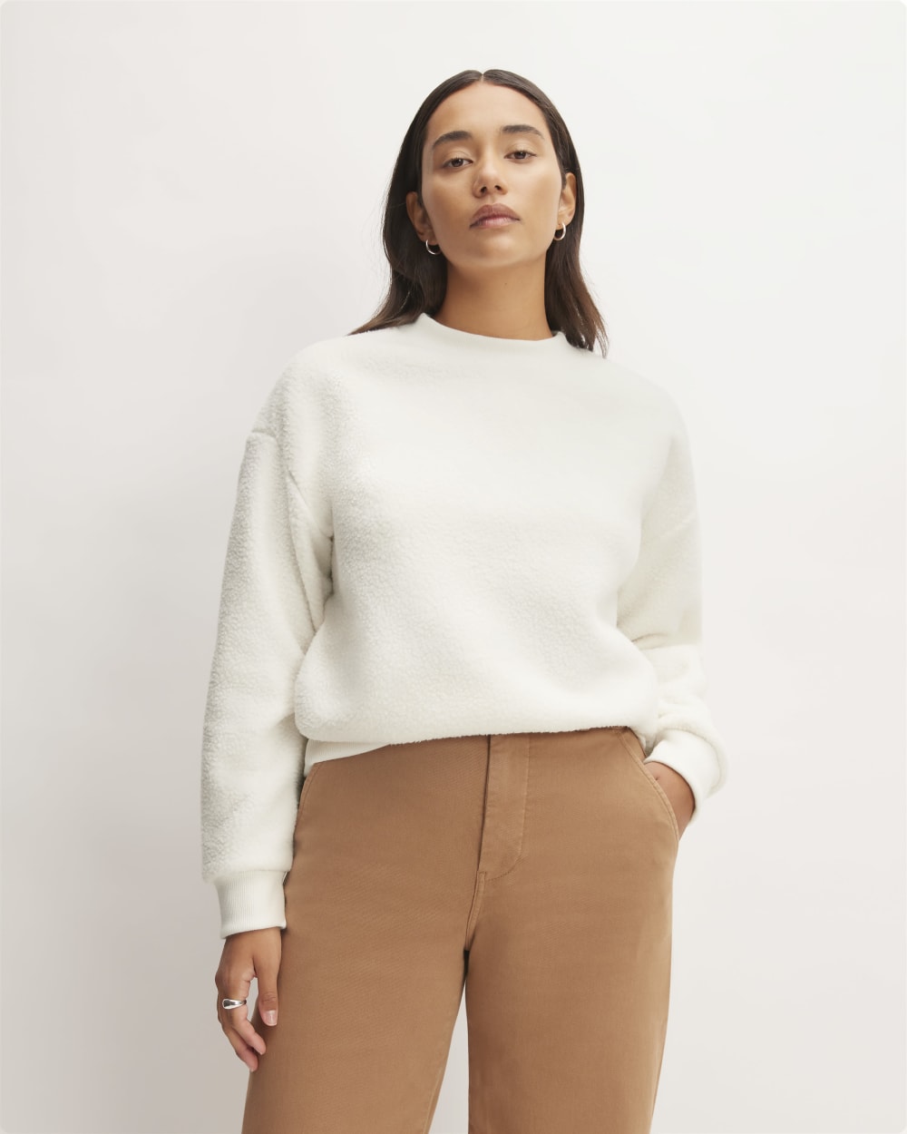 The ReNew Fleece Oversized Crew in Bone — front view