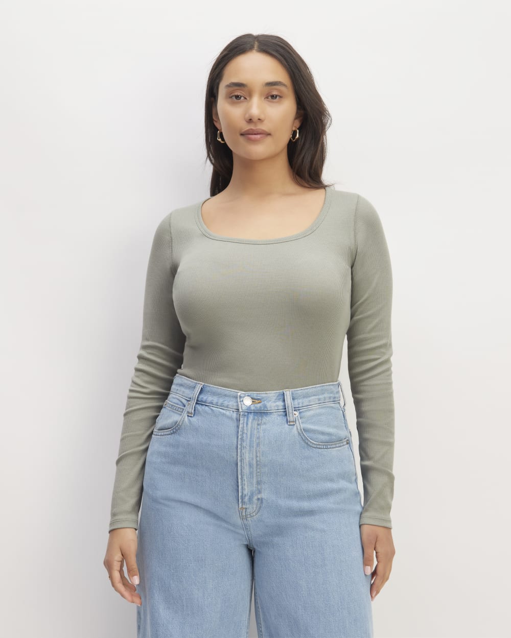 The Luxe Rib Long-Sleeve Scoop-Neck Tee in Sage Green — detail view