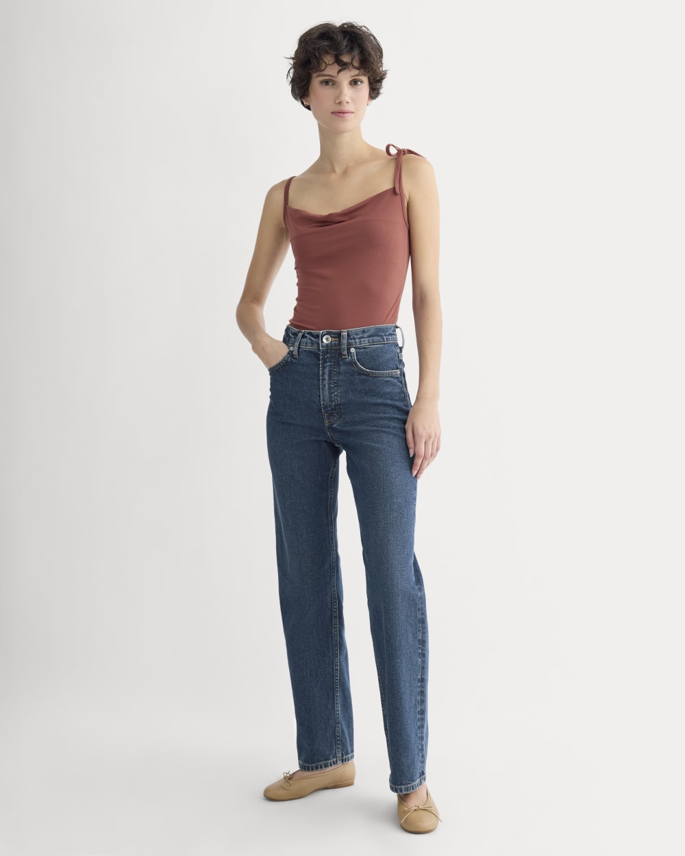 Tie-Shoulder Tank in Henna Red — detail view
